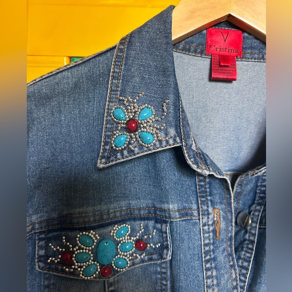 V Christina denim turquoise and ruby butterfly jacket size large - Picture 9 of 11